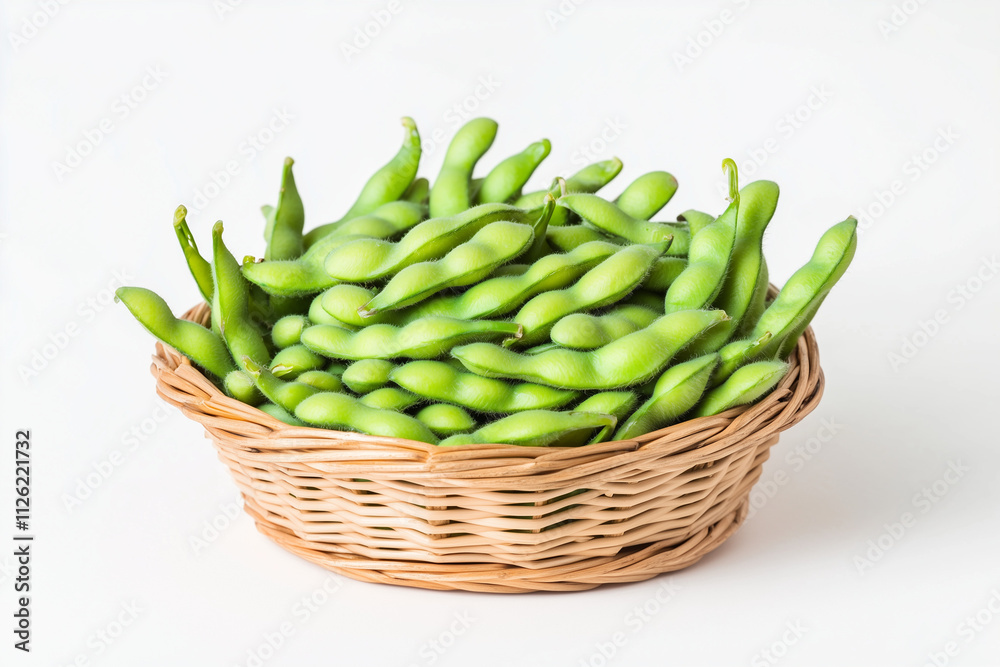 Selective focus basket of green edamame isolated on white background, Close up shot green soy bean in basket on white. Selective focus basket of green edamame isolated on white background, Close up shot green soy bean in basket on white.