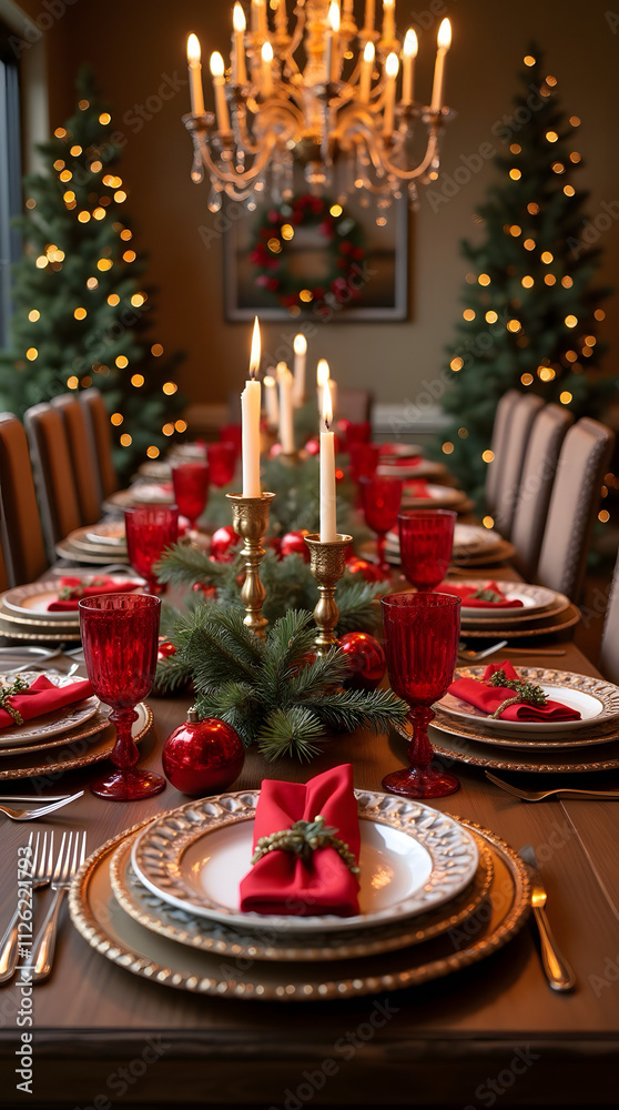 Elegant festive table setting with red and green decor and festive tableware. Elegant festive table setting with red and green decor and festive tableware.