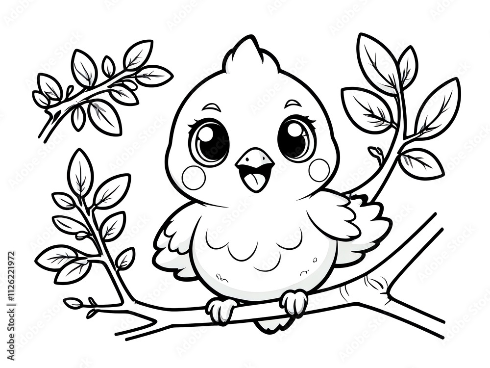 Fototapeta premium Adorable Baby Bird on Branch Coloring Page