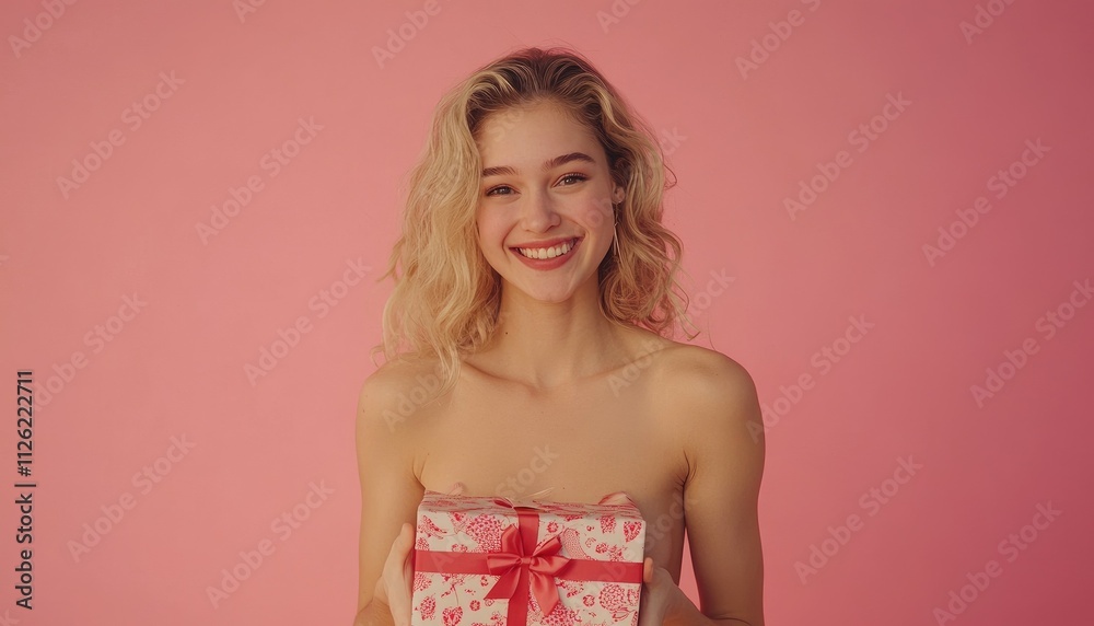 Slim beautiful young woman, sexy outfit, holding a gift box wrapped with ribbon, joyful expression, Mother's Day theme, modern minimalist background, half-body shot. Slim beautiful young woman, sexy outfit, holding a gift box wrapped with ribbon, joyful expression, Mother's Day theme, modern minimalist background, half-body shot.