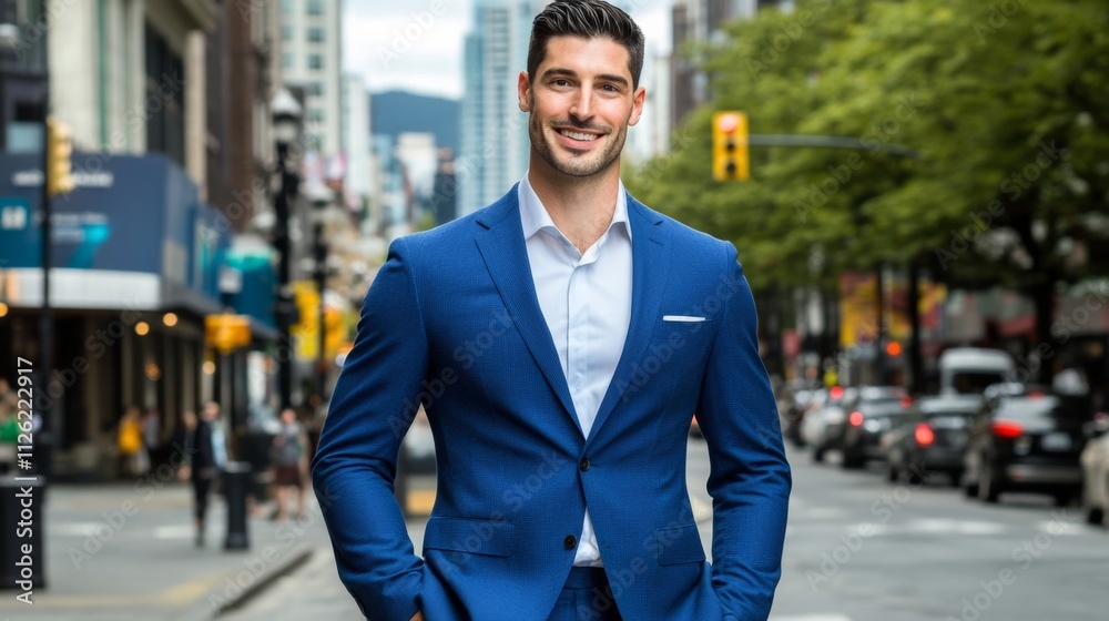 A man in a blue suit is smiling and standing on a city street. Concept of confidence and professionalism, as the man is dressed in a formal suit and tie A man in a blue suit is smiling and standing on a city street. Concept of confidence and professionalism, as the man is dressed in a formal suit and tie