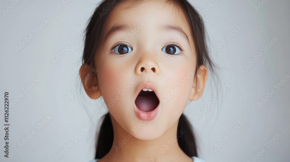Portrait of a joyful and curious Asian child with sparkling eyes of amazement, set against a neutral, simple background. Portrait of a joyful and curious Asian child with sparkling eyes of amazement, set against a neutral, simple background.