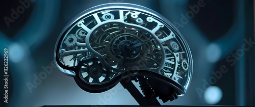 Transparent brain filled with clock gears and cogs slowly turning showing the mechanical process of structured thinking