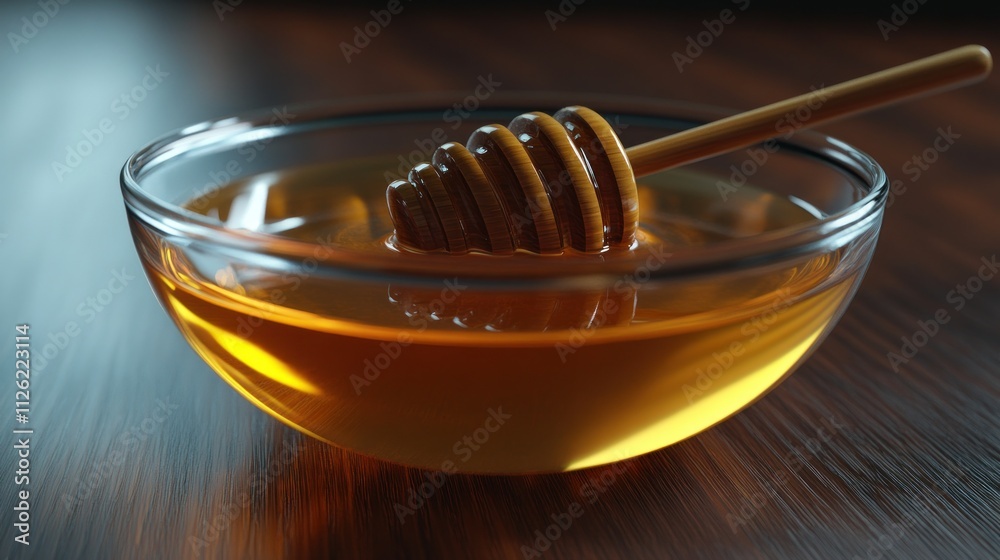 Bowl of honey with a wooden dipper resting inside Bowl of honey with a wooden dipper resting inside