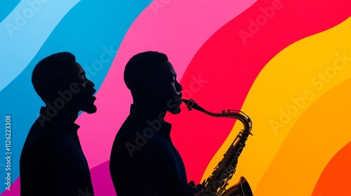 A celebration of Black History Month with jazz musicians silhouetted against a colorful abstract background of musical notes and vibrant Afrocentric patterns  photo