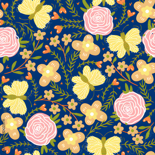 Beautiful Floral Pattern with Dark Blue Background