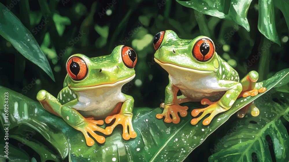 Colorful Red-Eyed Tree Frogs in Lush Green Jungle Illustration Colorful Red-Eyed Tree Frogs in Lush Green Jungle Illustration