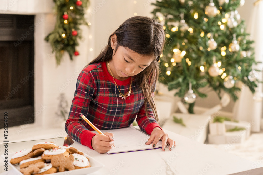 Girl writing to santa in front of christmas tree Girl writing to santa in front of christmas tree