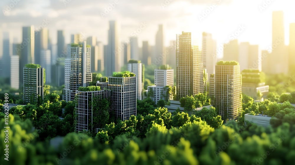 Obraz premium A futuristic cityscape featuring green buildings integrated with nature.