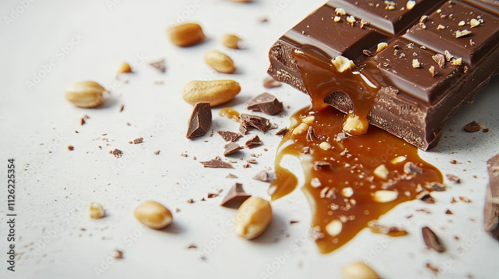 Close-up of a broken chocolate bar with caramel dripping down, with peanuts sprinkled on a clean white surface Close-up of a broken chocolate bar with caramel dripping down, with peanuts sprinkled on a clean white surface