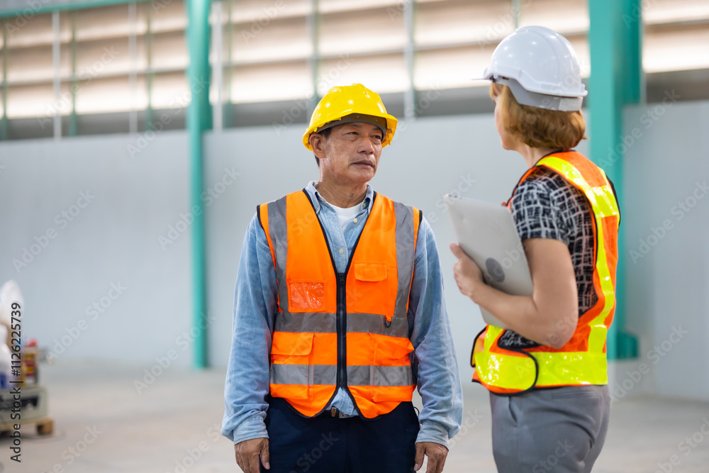 Senior asian man and caucasian engineering team worker people, Success teamwork. Two professional engineering people wearing hardhat safety helmet meeting discussion at warehouse factory Senior asian man and caucasian engineering team worker people, Success teamwork. Two professional engineering people wearing hardhat safety helmet meeting discussion at warehouse factory