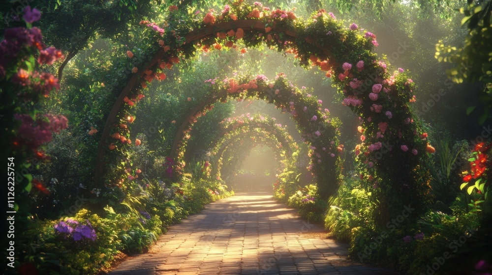serene garden pathway with blooming arches serene garden pathway with blooming arches