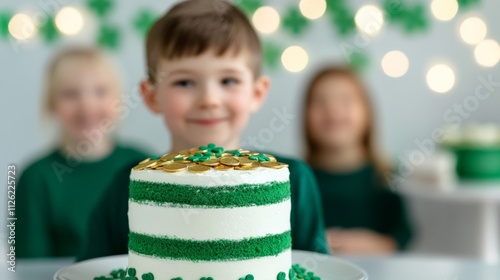 A cozy St Patrick’s Day home celebration with a family gathered around a table decorated with shamrocks, golden coins, and a festive cake in green and white 