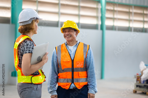 Senior asian man and caucasian engineering team worker people, Success teamwork. Two professional engineering people wearing hardhat safety helmet meeting discussion at warehouse factory