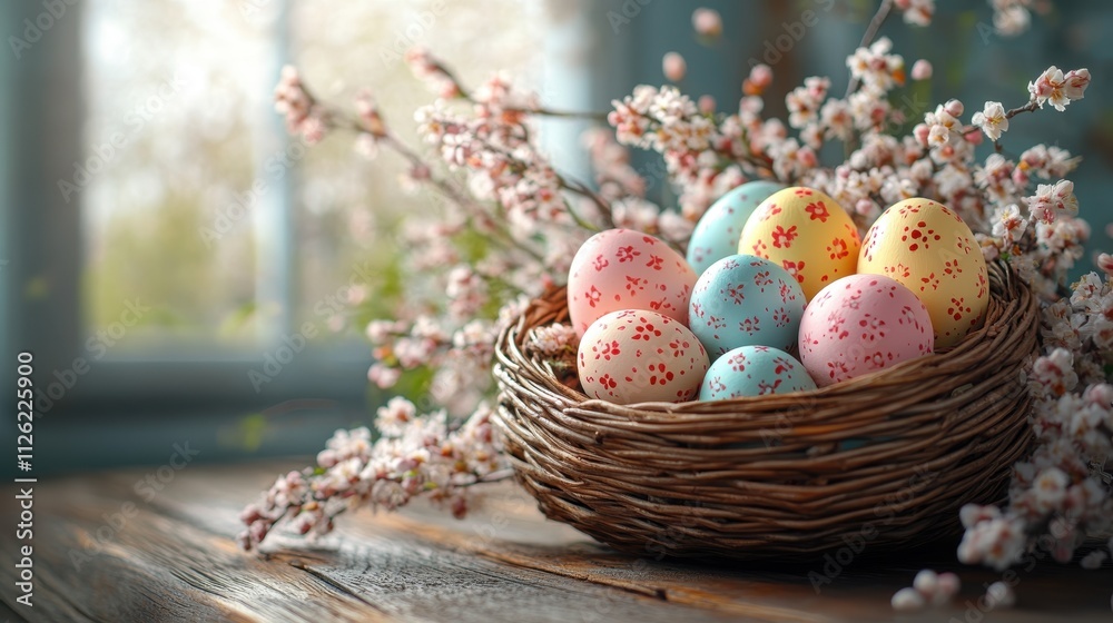 Easter eggs in nest with spring blossoms
Easter eggs in nest with spring blossoms