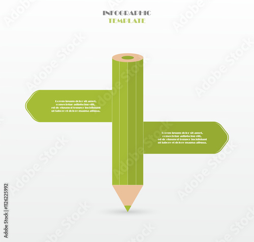 Step by step green infographic template with 2 steps, options, parts or processes. Creative pencil concept.