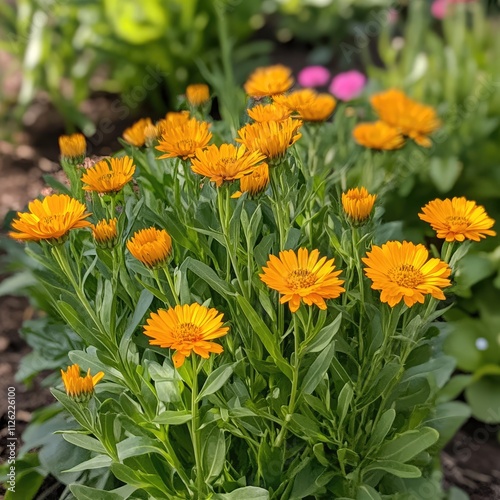 Vibrant orange calendula flowers blooming in a garden bed.