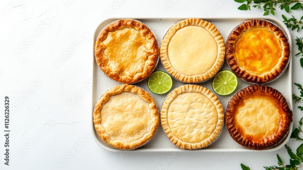 A delightful National Pie Day background with a variety of mini pies arranged on a tray A delightful National Pie Day background with a variety of mini pies arranged on a tray