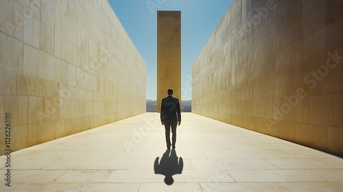 A man walking toward a tall monolithic structure between golden walls, symbolizing purpose and ambition. photo