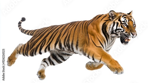 Striking image of a tiger mid-motion, muscles rippling, in a hunting pose against a blank white backdrop.