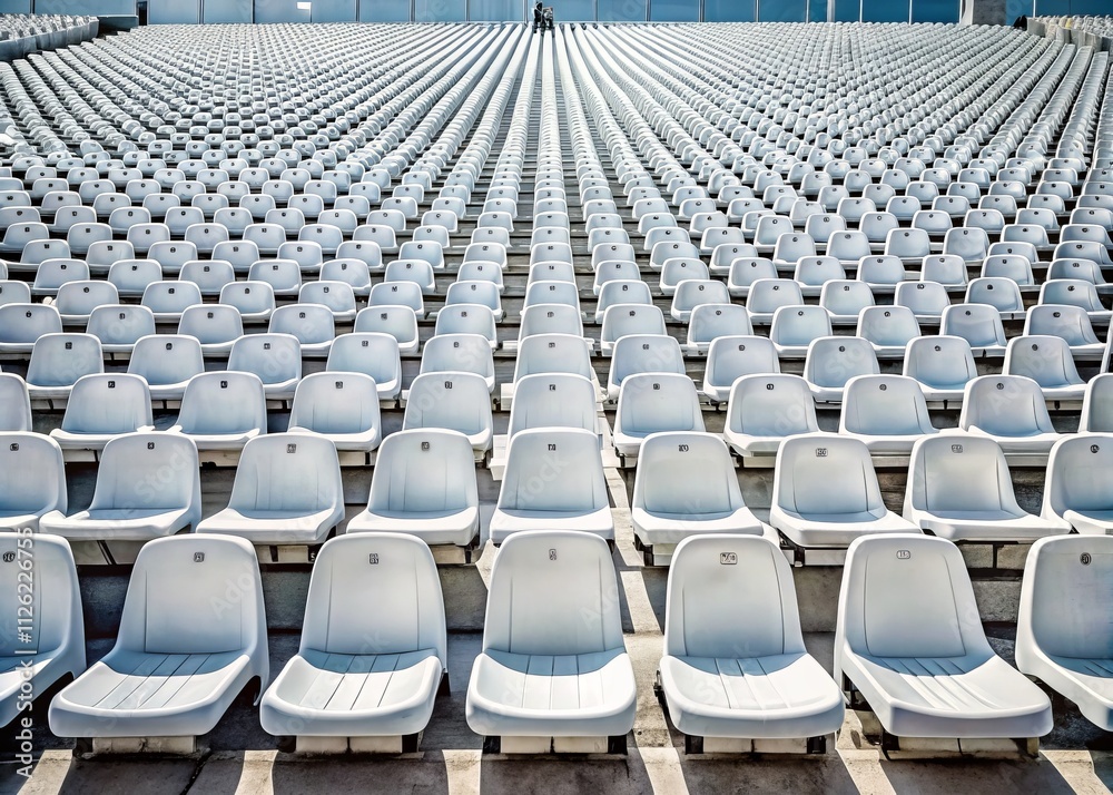 Fototapeta premium Empty Stadium Seats, Football Tribune, Monochrome, High Depth of Field, Numbered Seats, White Plastic Chairs, Sport Arena, Spectator Seating, Stadium Photography