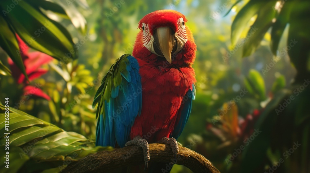 Obraz premium Scarlet Macaw Perched on Branch in Lush Tropical Foliage