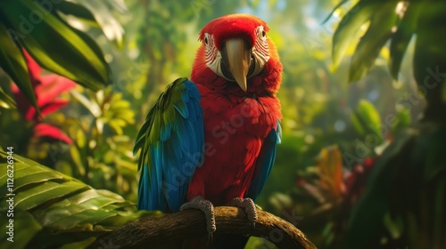 Scarlet Macaw Perched on Branch in Lush Tropical Foliage photo