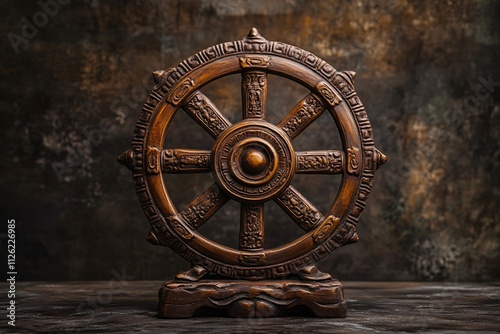 Wooden dharma wheel, a symbol of buddhism, standing on a dark surface, representing the buddha's teachings and the path to enlightenment