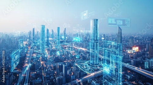 Digital hologram of a sprawling metropolis with towering holographic billboards, glowing data towers, and autonomous flying cars, futuristic technology, daytime scene, ultra-detailed 