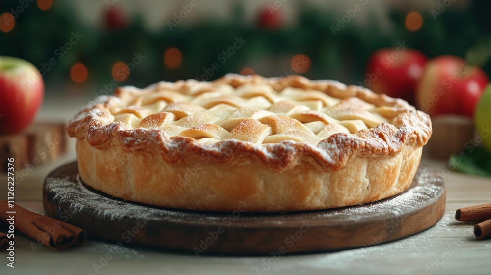 A festive National Pie Day background featuring a golden, freshly baked apple pie on a rustic wooden table, surrounded by cinnamon sticks, apples, and a dusting of flour A festive National Pie Day background featuring a golden, freshly baked apple pie on a rustic wooden table, surrounded by cinnamon sticks, apples, and a dusting of flour