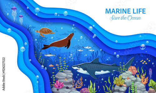 Paper cut ocean waves and sea underwater animals with fishes, cartoon vector background. Save ocean and marine life poster with shark, seal and turtle or fishes of coral reef in paper cut underwater