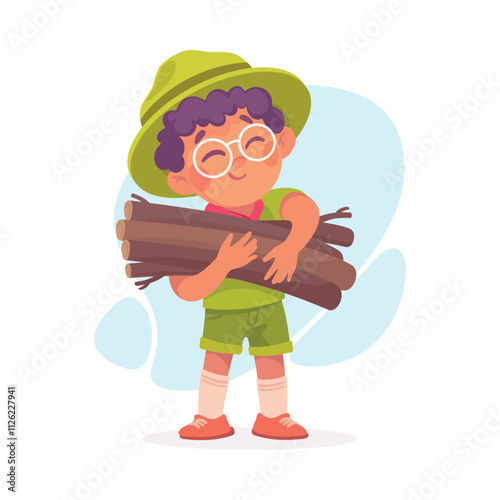 Boy Scout Character in Hat Carry Brushwood Vector Illustration