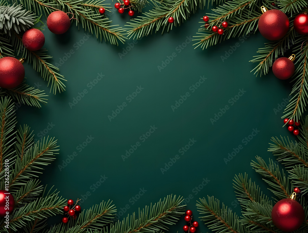 Festive decorations with pine branches, toys and holly berries on a dark green background. Festive decorations with pine branches, toys and holly berries on a dark green background.