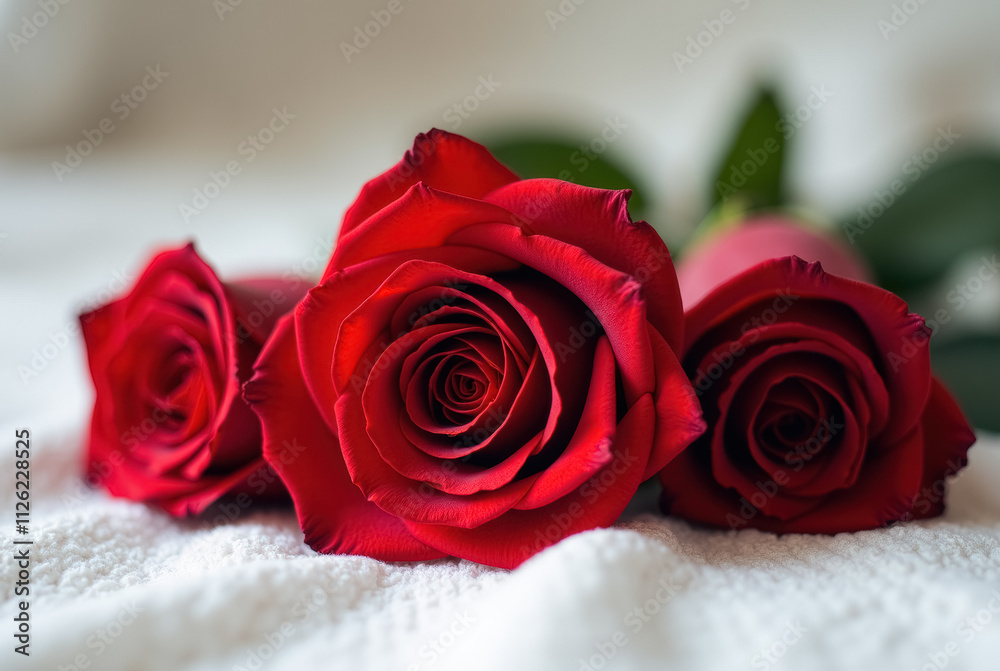 Three red roses on white textured surface Three red roses on white textured surface