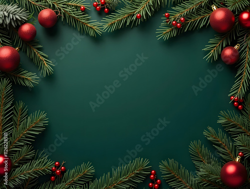 Festive decorations with pine branches, toys and holly berries on a dark green background.