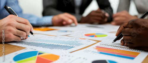 Collaborative business meeting with hands analyzing charts and graphs