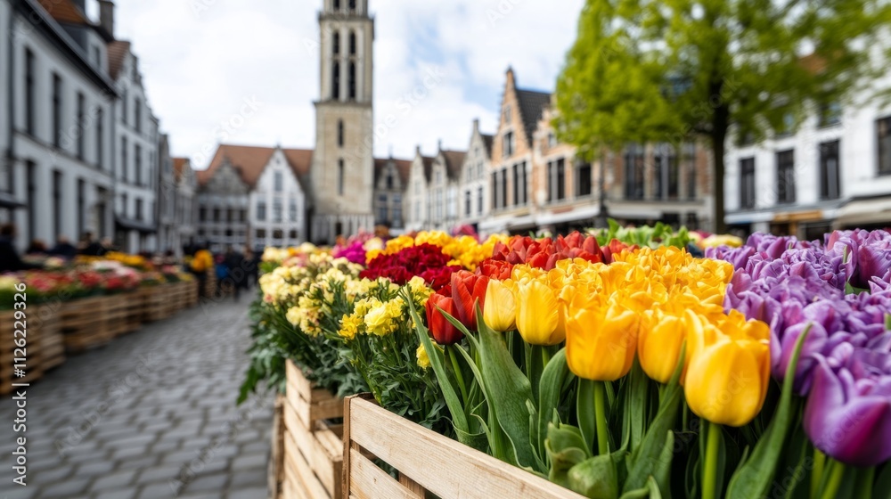 Fototapeta premium A lively spring market in Bruges, Belgium, with wooden stalls selling fresh flowers, artisanal goods, and pastries, surrounded by medieval buildings and blooming trees