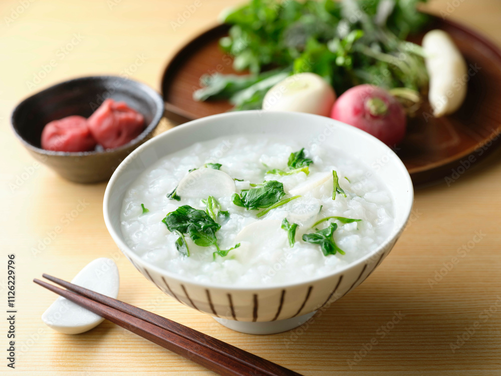 Rice gruel with seven herbs and pickled plums Rice gruel with seven herbs and pickled plums