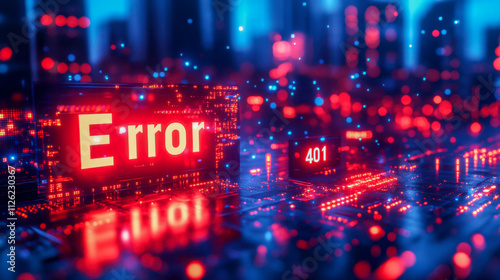 Digital error 401 message with red neon lights in futuristic cityscape