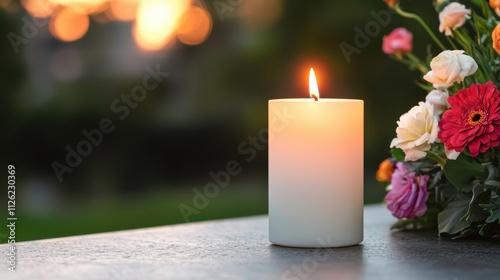 Always loved and remembered. A serene candle beside vibrant flowers at sunset.