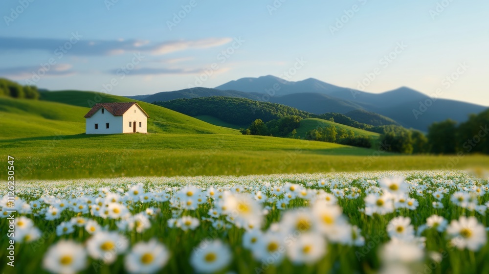 A magical spring evening in the Italian countryside, with warm light glowing from a rustic farmhouse, surrounded by green hills and blooming fields of daisies A magical spring evening in the Italian countryside, with warm light glowing from a rustic farmhouse, surrounded by green hills and blooming fields of daisies