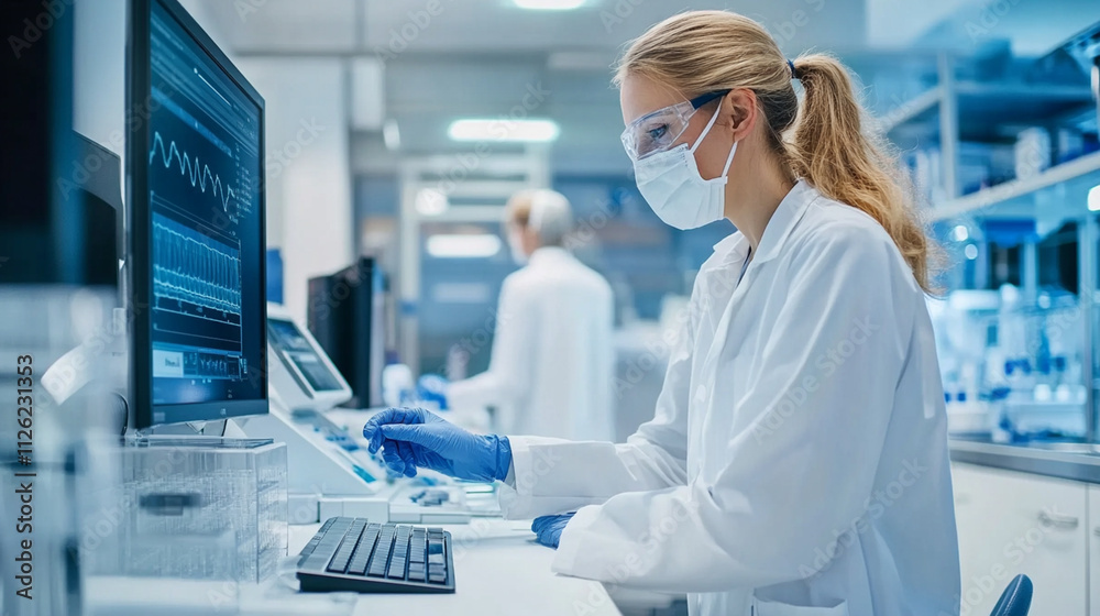 Scientist Conducting Research in Laboratory with Computer, Analyzing Data and Sample in Medical Environment with Safety Gear and Equipment Scientist Conducting Research in Laboratory with Computer, Analyzing Data and Sample in Medical Environment with Safety Gear and Equipment