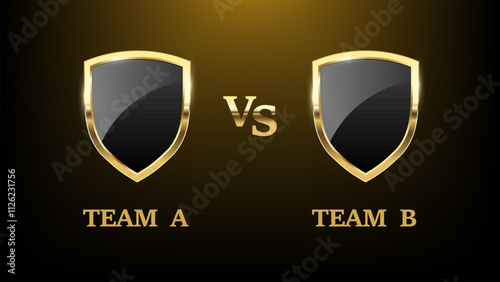 Battle versus VS Gold black shield Realistic armory trophy with metal coat, golden shiny style for sports game VS or product comparison with dark background vector