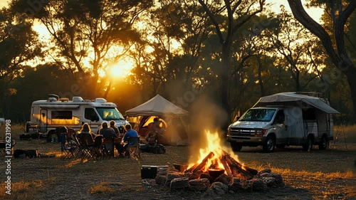 Sunset Camping Adventure: Friends Gather Around a Bonfire
