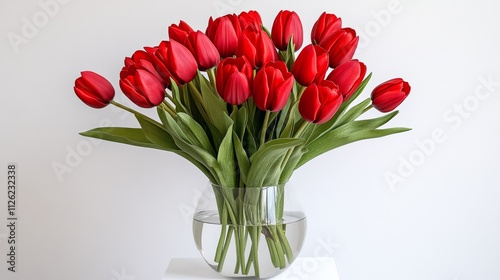 Vase full of red tulips sits on a white table. The flowers are arranged in a way that they are all facing the same direction, creating a sense of unity and harmony. The vase is clear