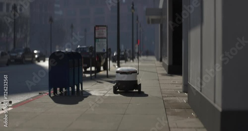 An autonomous delivery robot navigates a city sidewalk. Equipped with a flagpole for visibility, it moves efficiently past parked cars and urban infrastructure, showcasing modern mobility solutions