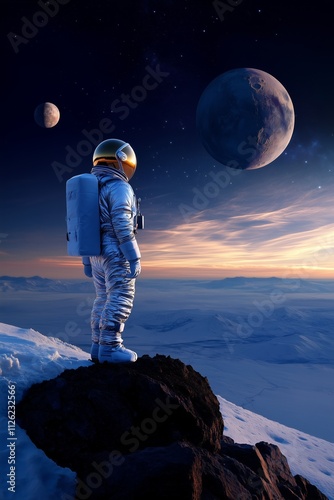 Astronaut gazes across vast icy landscapes under glowing skies, distant planets casting radiant light, reflecting untouched serenity, immense isolation, and beauty of uncharted worlds. photo