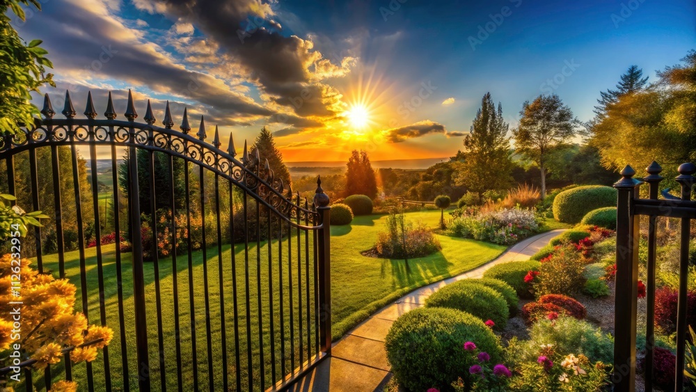 Fototapeta premium Silhouette Landscape & Garden Design: Fence, Plants, Trees, Above View
