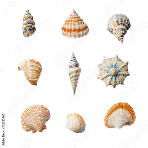 Isolated summer seashell collection transparent background nature photography studio environment artistic viewpoint