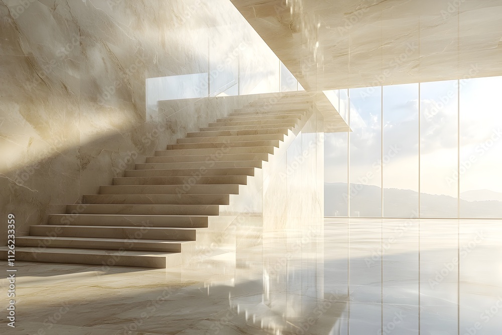 Obraz premium Elegant Marble Staircase in a Luxurious Hotel Lobby with Minimalist Design and Reflective Surfaces